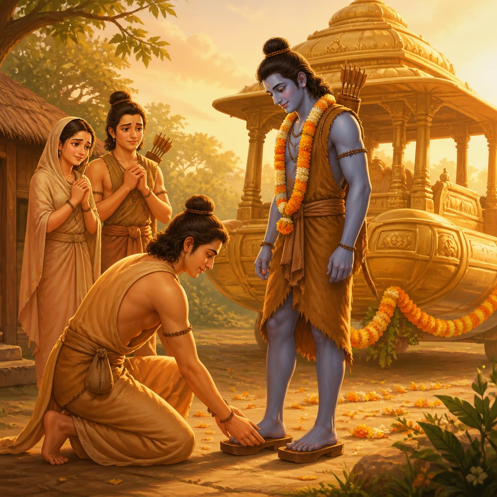 Bharata kneels at Nandigram and slips Rama's wooden padukas back onto his feet as Sita and Lakshmana watch.