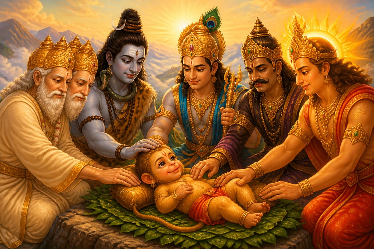 The gods place their hands on baby Hanuman