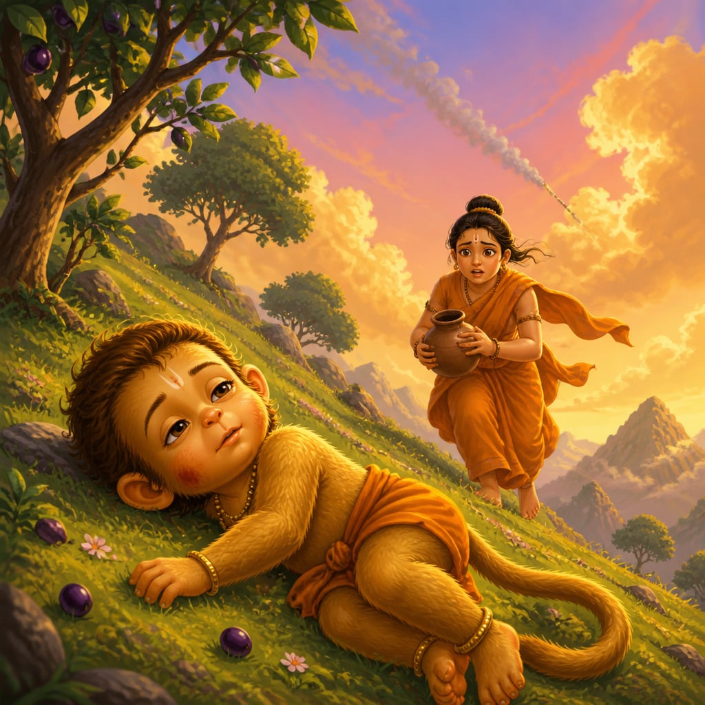 Baby Hanuman lies still on the green slopes of Mount Anjanadri after the vajra strike
