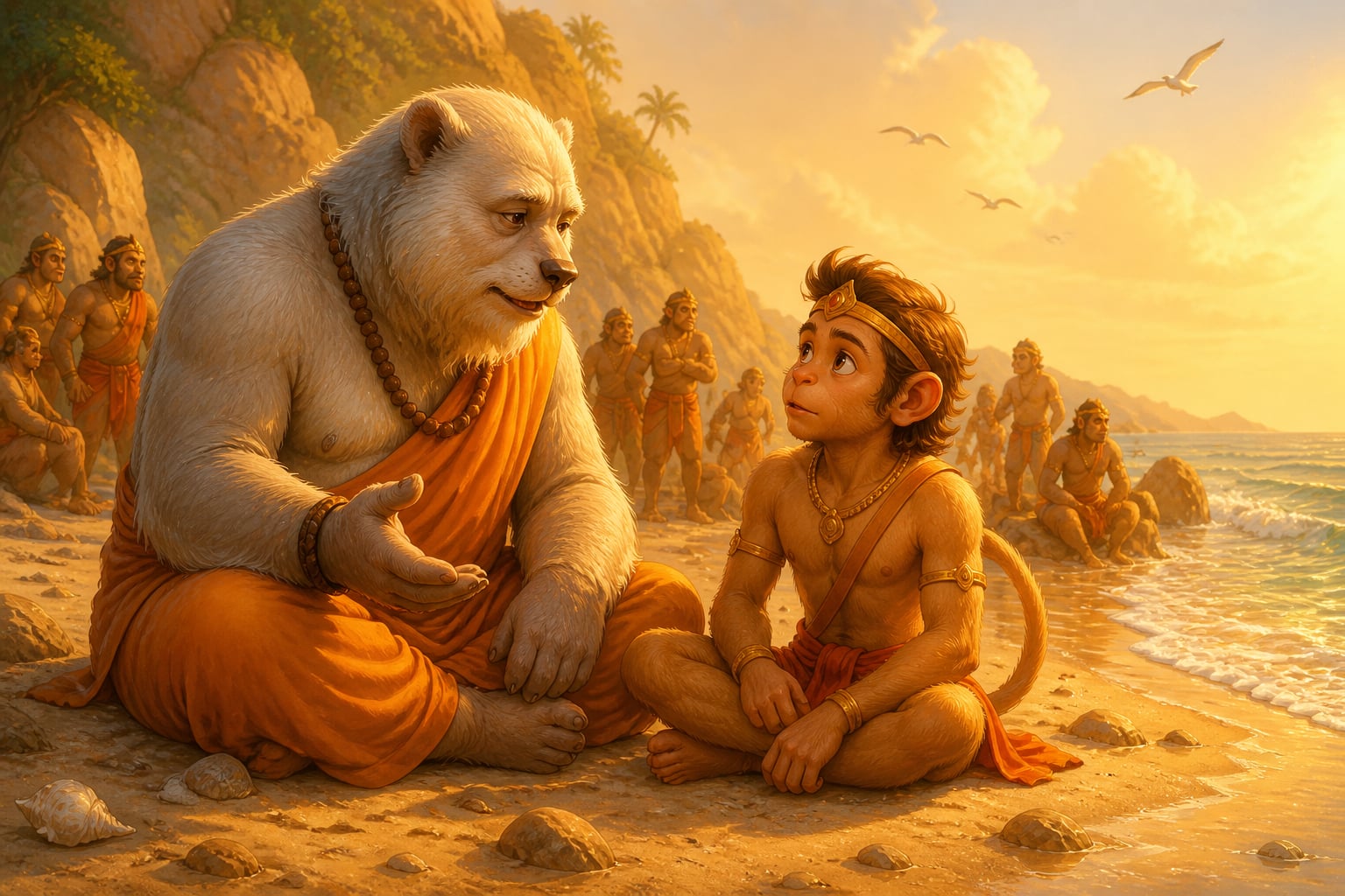 Jambavan sits beside Hanuman and speaks gently
