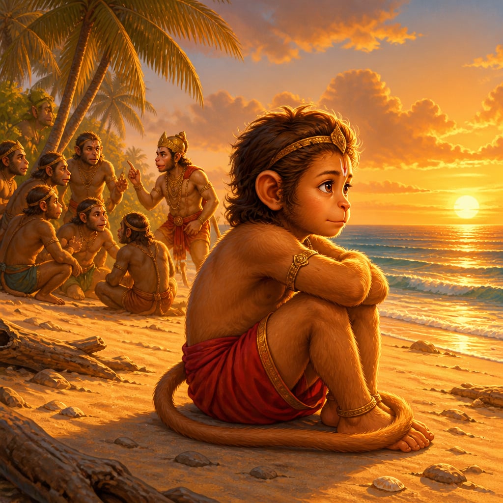 Young Hanuman sits quietly on the sand at the southern tip of Bharat, looking out at the sea