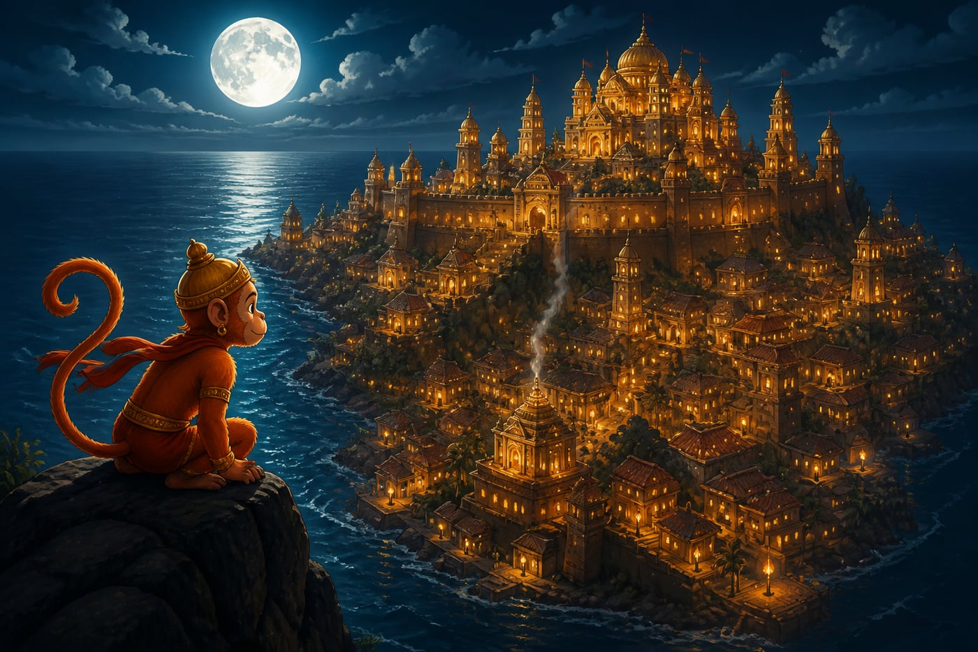 Tiny Hanuman looks down at the golden city of Lanka