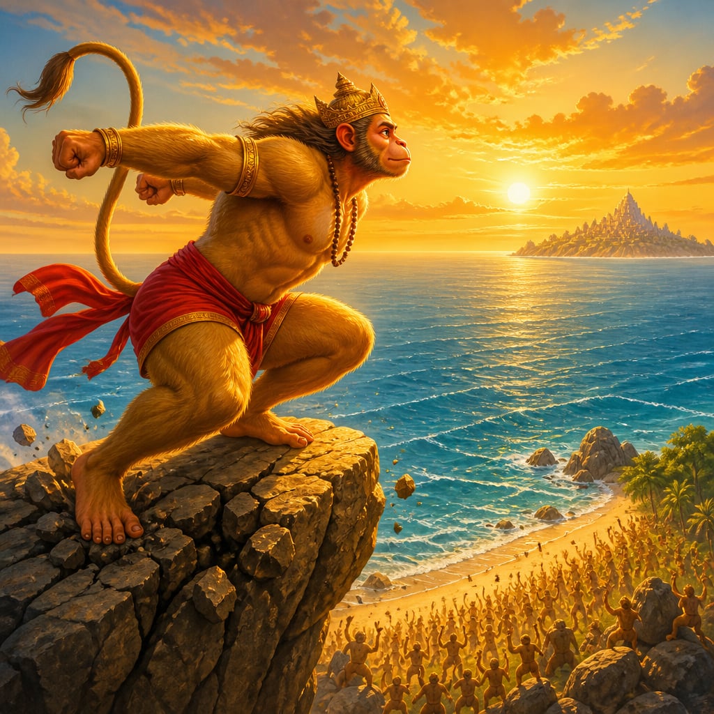 Mighty Hanuman leaps from the summit of Mount Mahendra toward Lanka