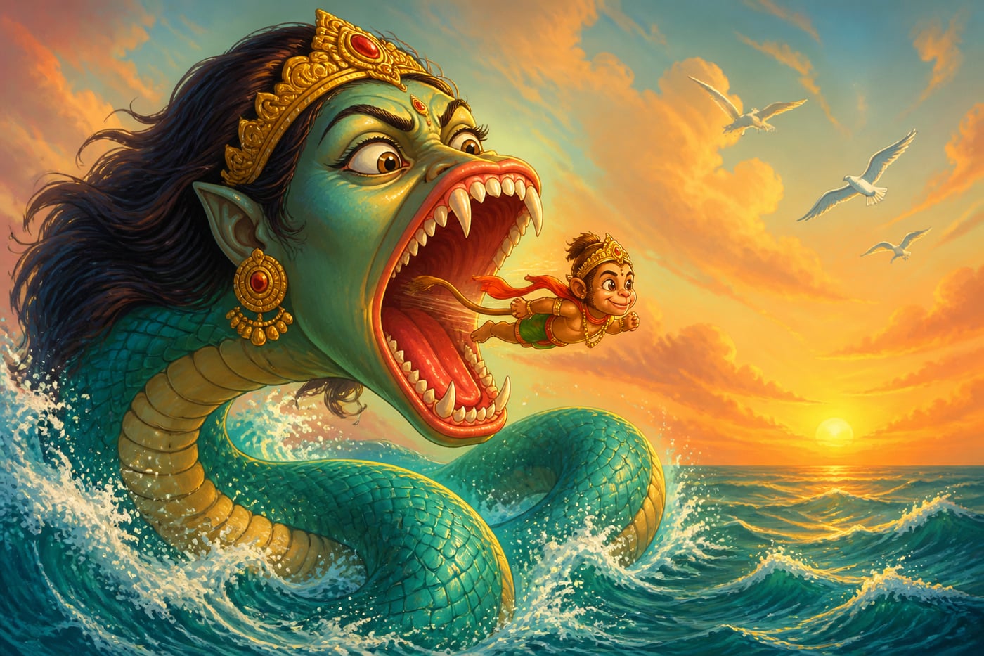 Hanuman flies through Surasa's open mouth