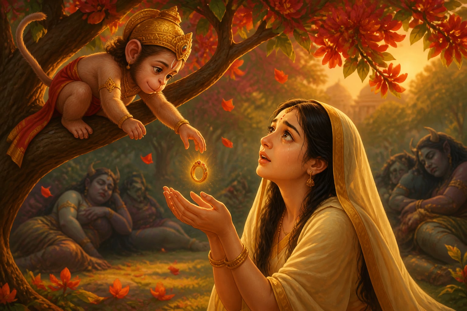 Hanuman drops Rama's ring into Sita's cupped hand