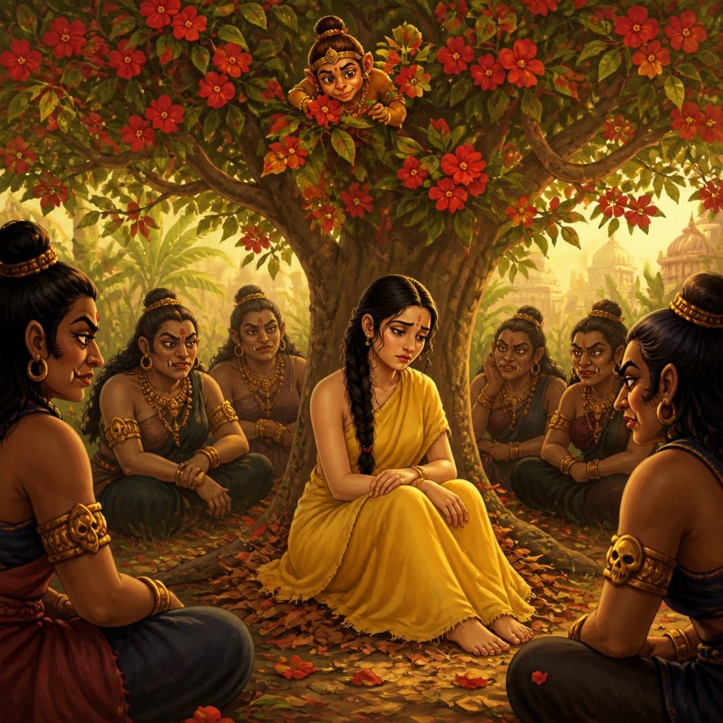 Sita seated on dry leaves under a flowering Ashoka tree, surrounded by rakshasi guards