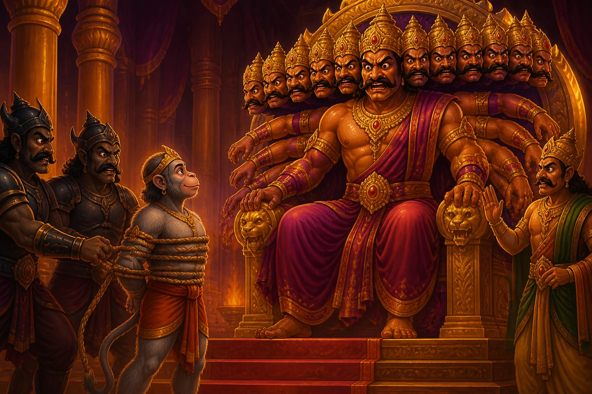 Tied Hanuman stands unafraid before Ravana's throne