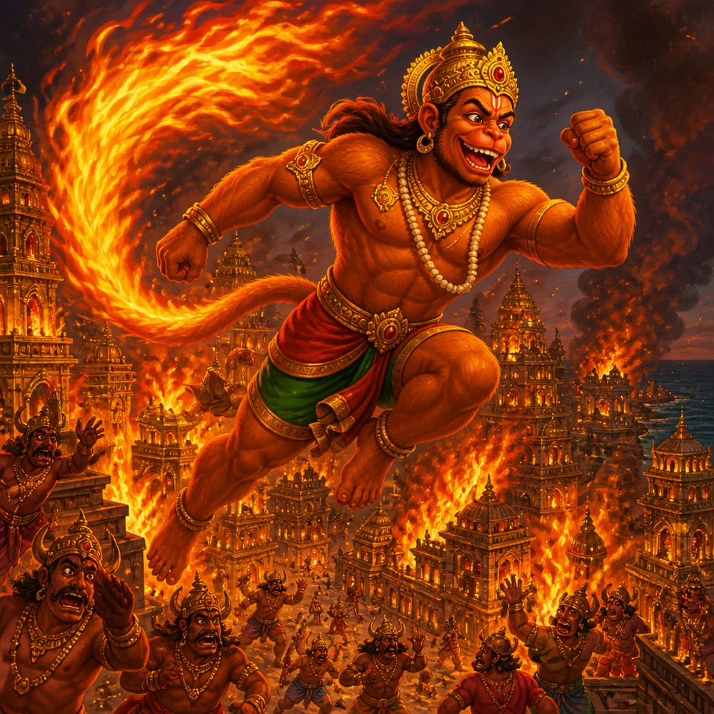 Hanuman with a blazing tail leaps across the burning rooftops of golden Lanka