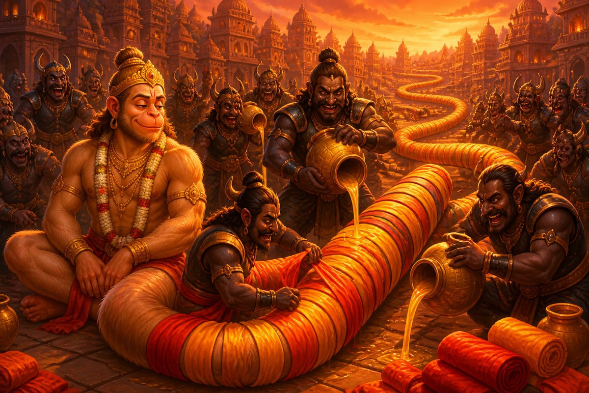 Demons wrap and oil Hanuman's ever-growing tail