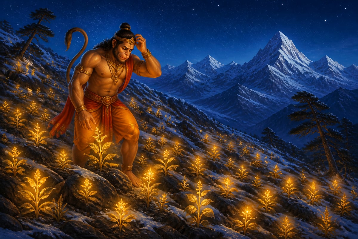 Hanuman searches the glowing herbs of Drona-giri