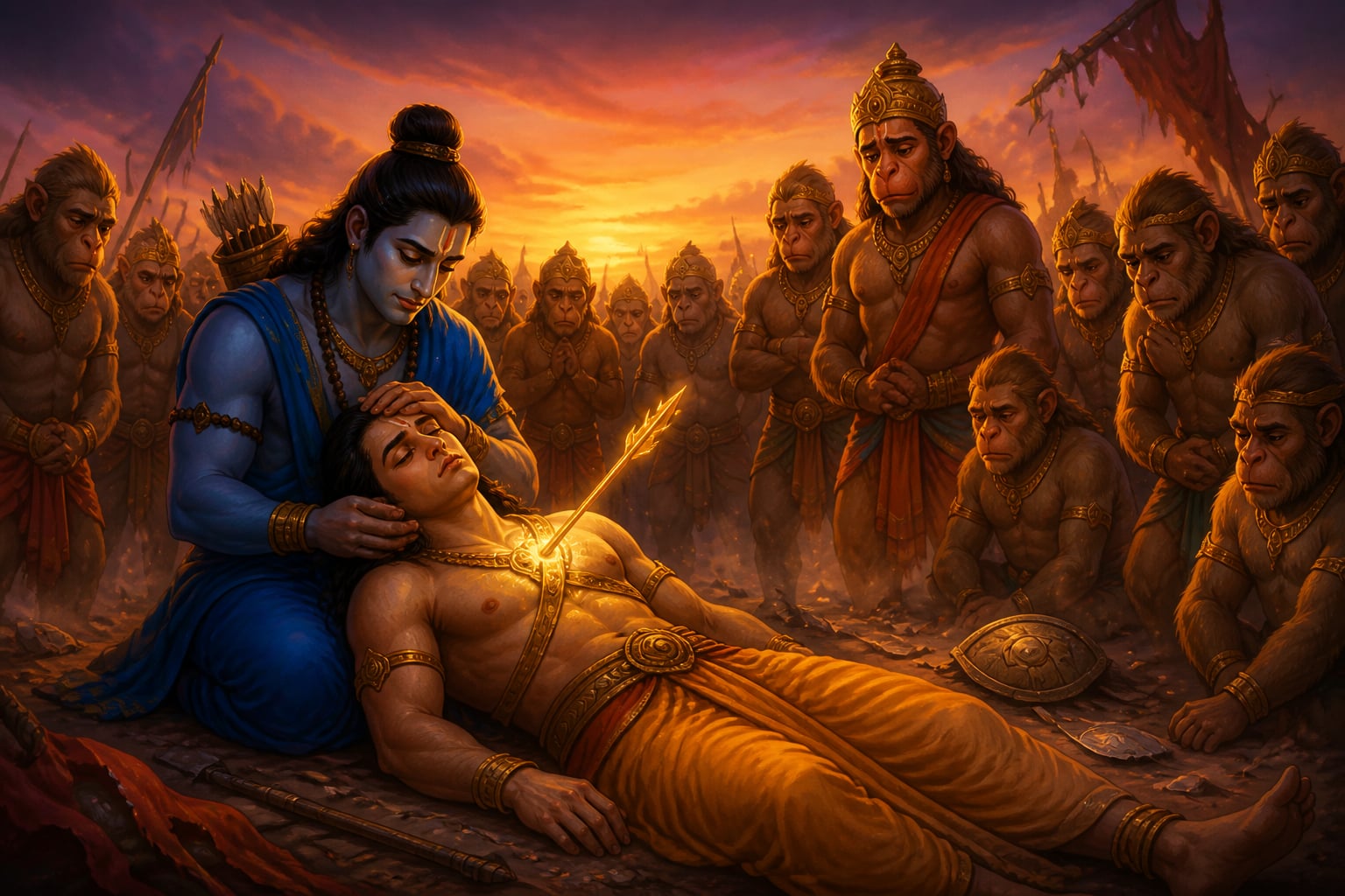 Rama cradles fallen Lakshmana on the battlefield