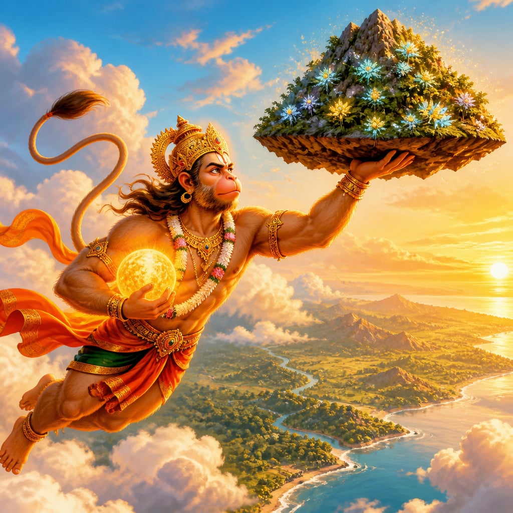 Hanuman flies through the morning sky carrying the glowing Drona-giri mountain in his right hand