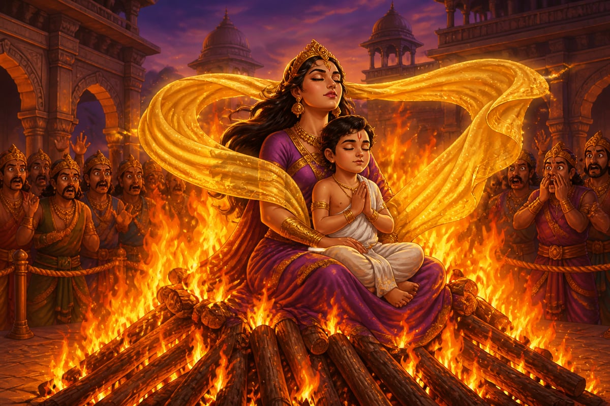 Holika's shawl protecting Prahlad in the fire