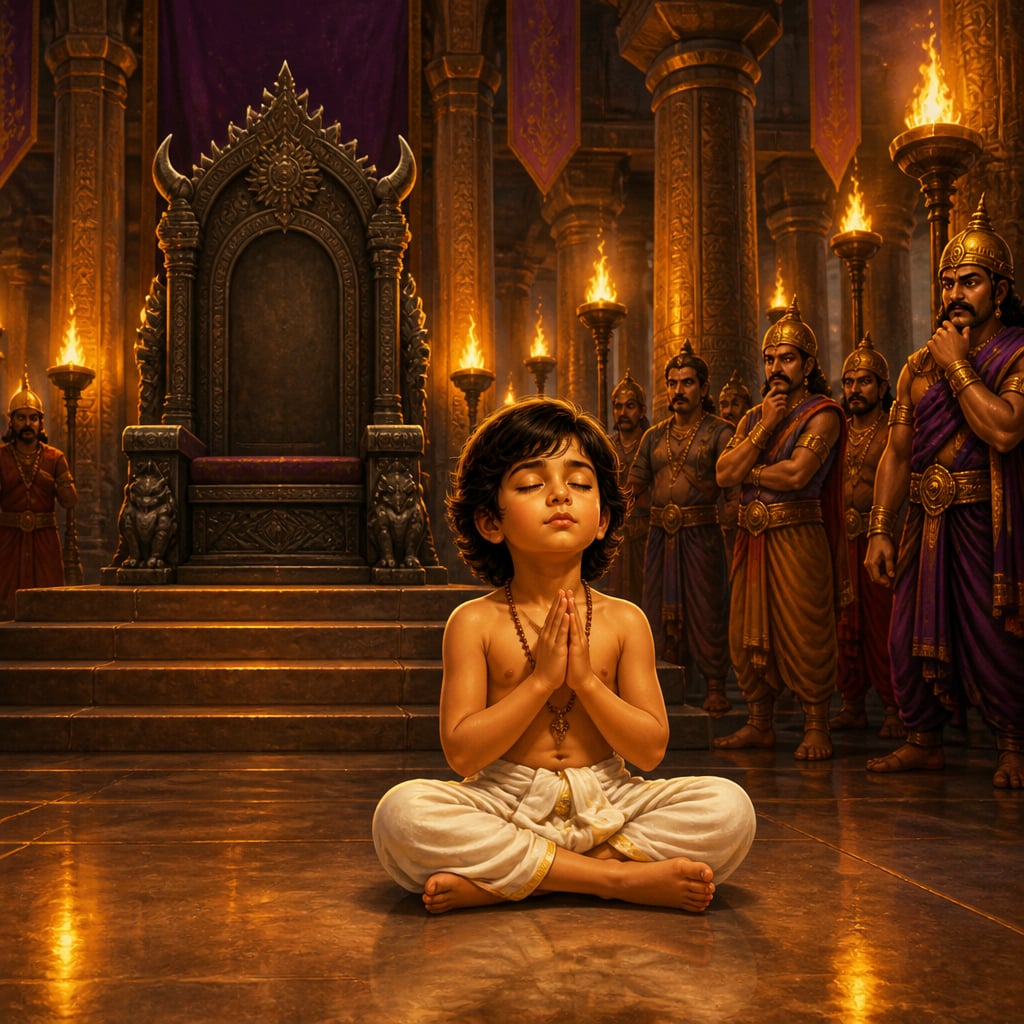 Young Prahlad praying to Vishnu in his father's torchlit palace hall