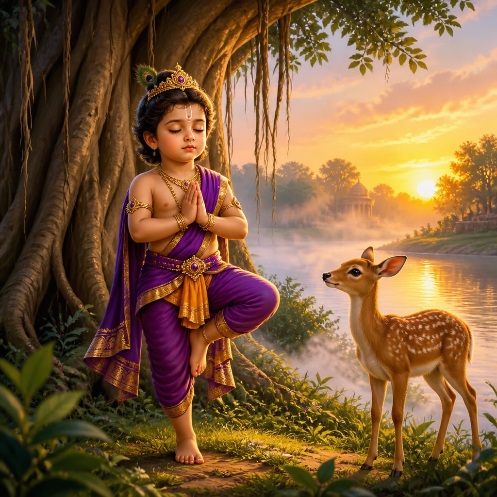 Five-year-old Dhruva standing on one leg in deep meditation under a tree by the Yamuna