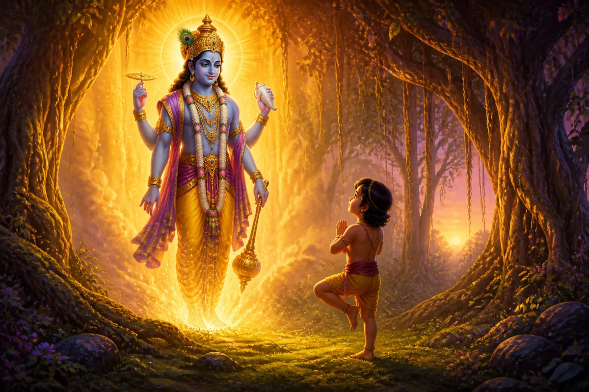 Vishnu appearing to little Dhruva in the forest