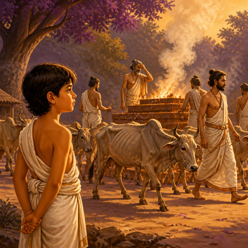 Young Nachiketa watching priests lead worn-out cows away at his father's yajna