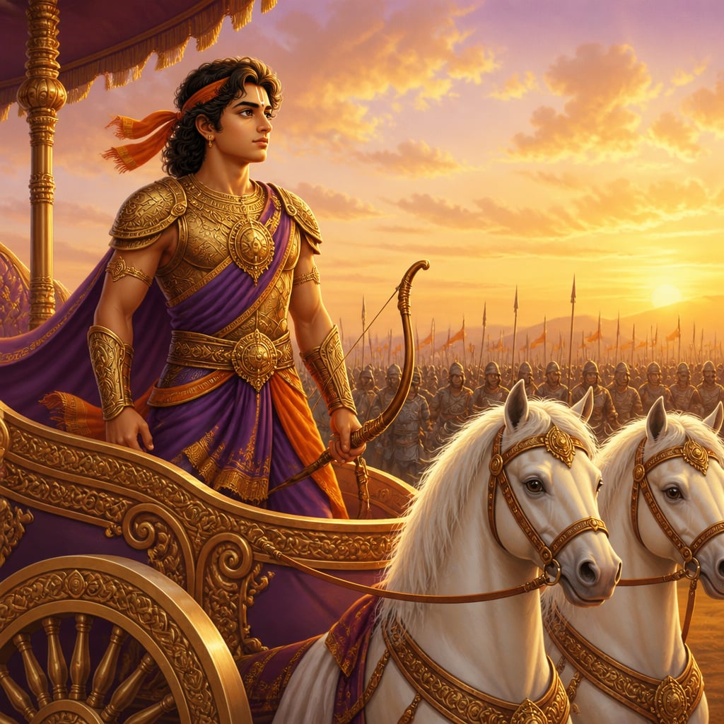 Sixteen-year-old Abhimanyu in his chariot at the edge of the Kurukshetra battlefield