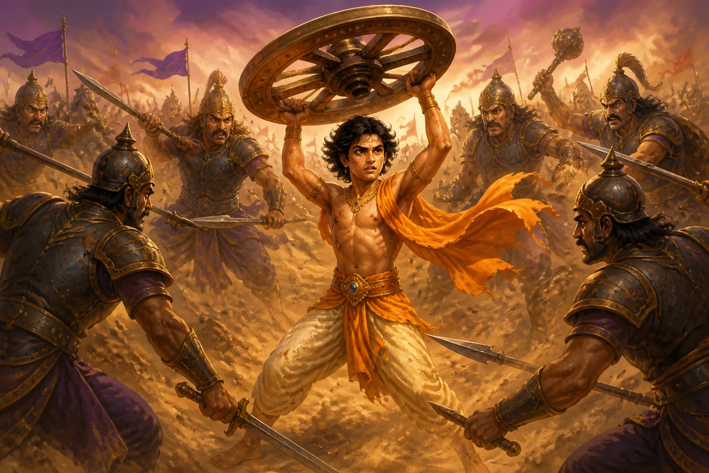 Abhimanyu alone inside the Chakravyuha