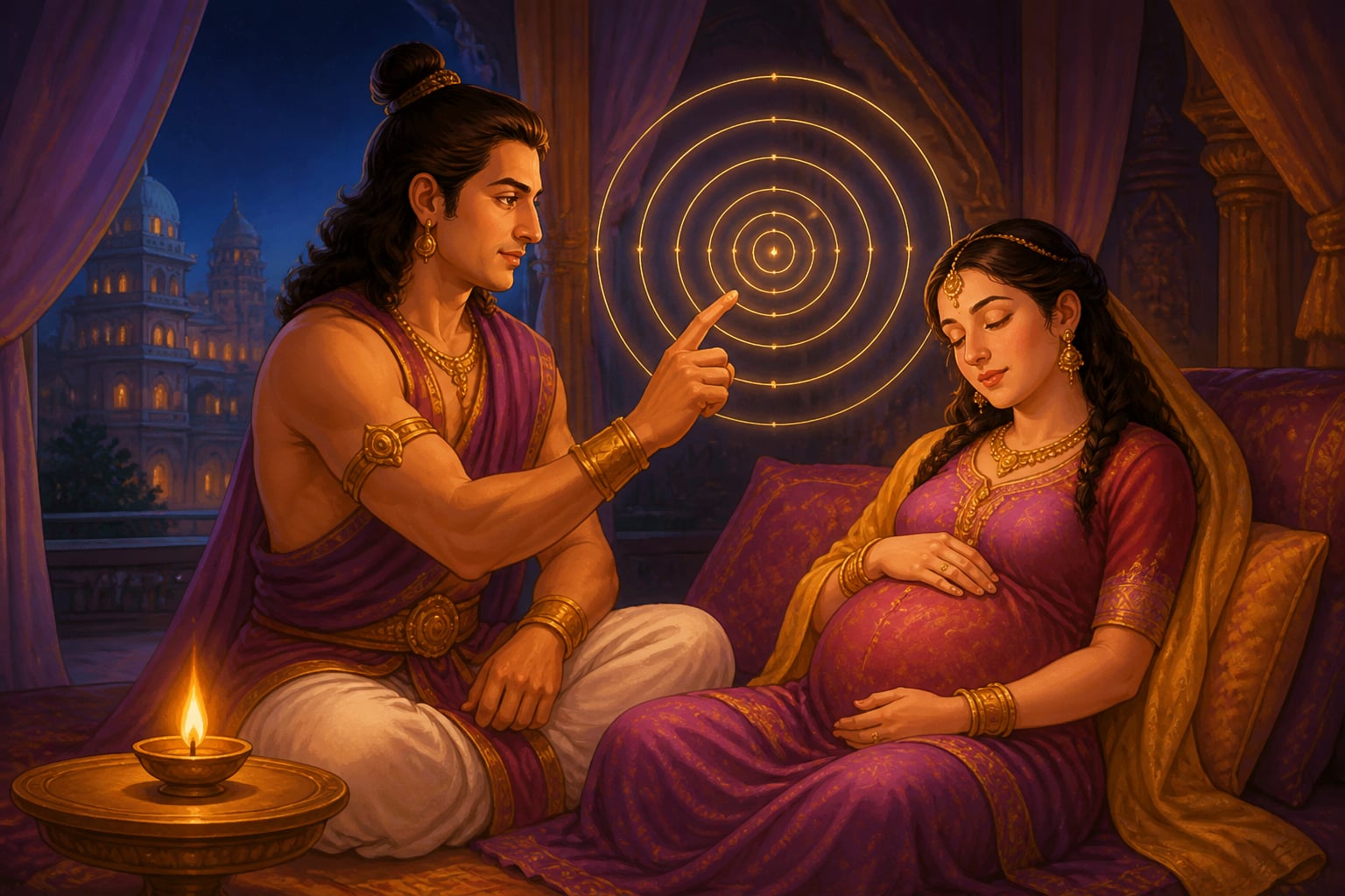 Arjuna explaining the Chakravyuha to pregnant Subhadra