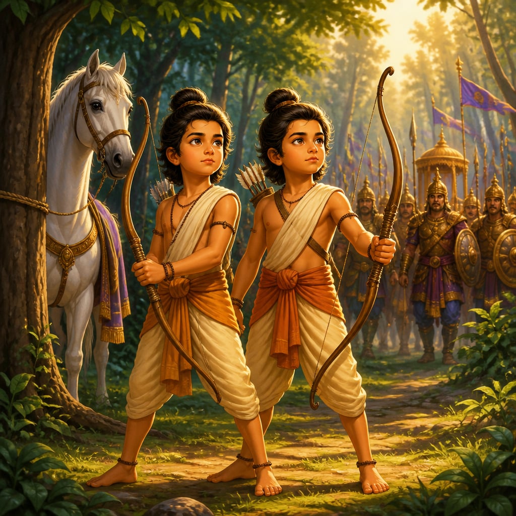 Lava and Kusha standing shoulder to shoulder with raised wooden bows facing Rama's army