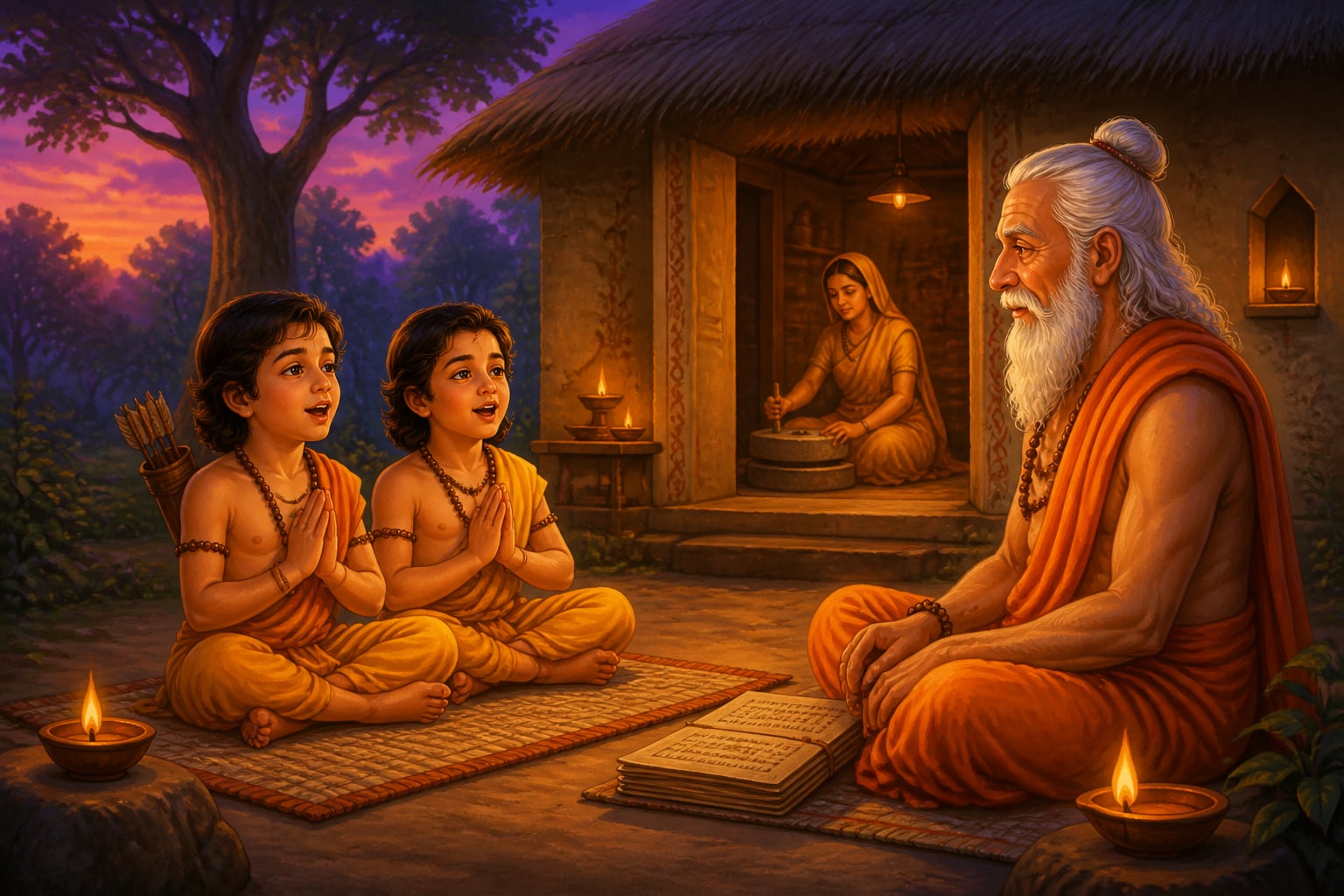 Lava and Kusha singing the Ramayana to Valmiki