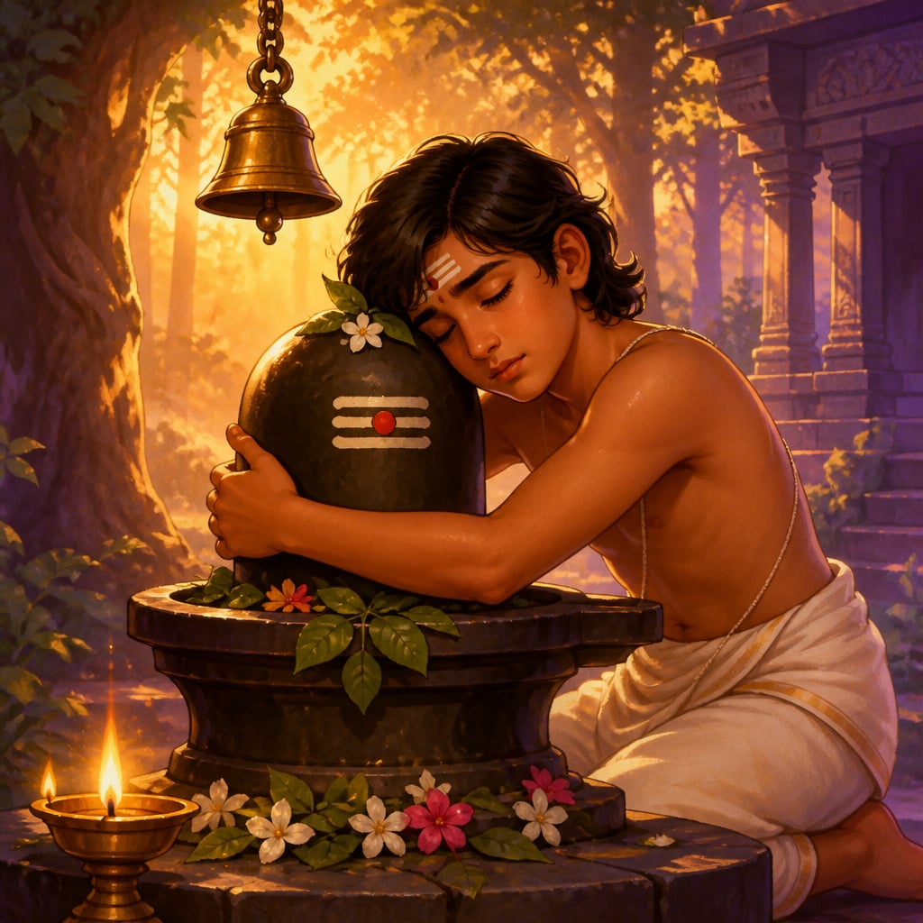 Markandeya hugging the Shiva linga inside a quiet forest temple at sunrise