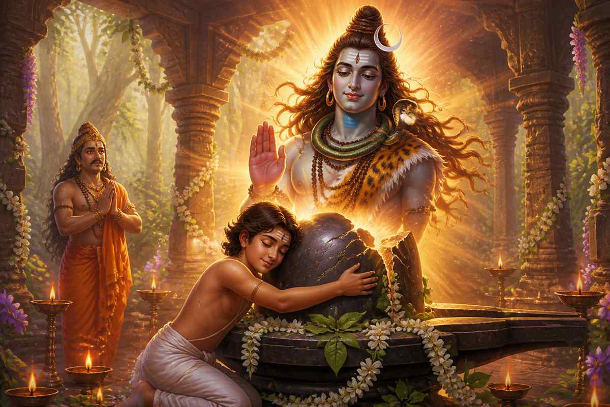 Shiva stepping out of the linga to protect Markandeya
