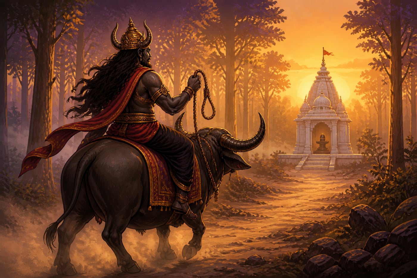 Yama on his black buffalo approaching the temple