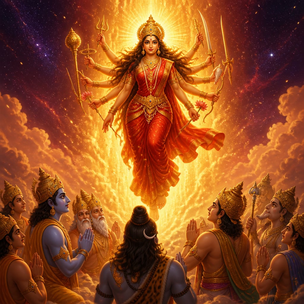 Goddess Durga emerging from the gods' combined light