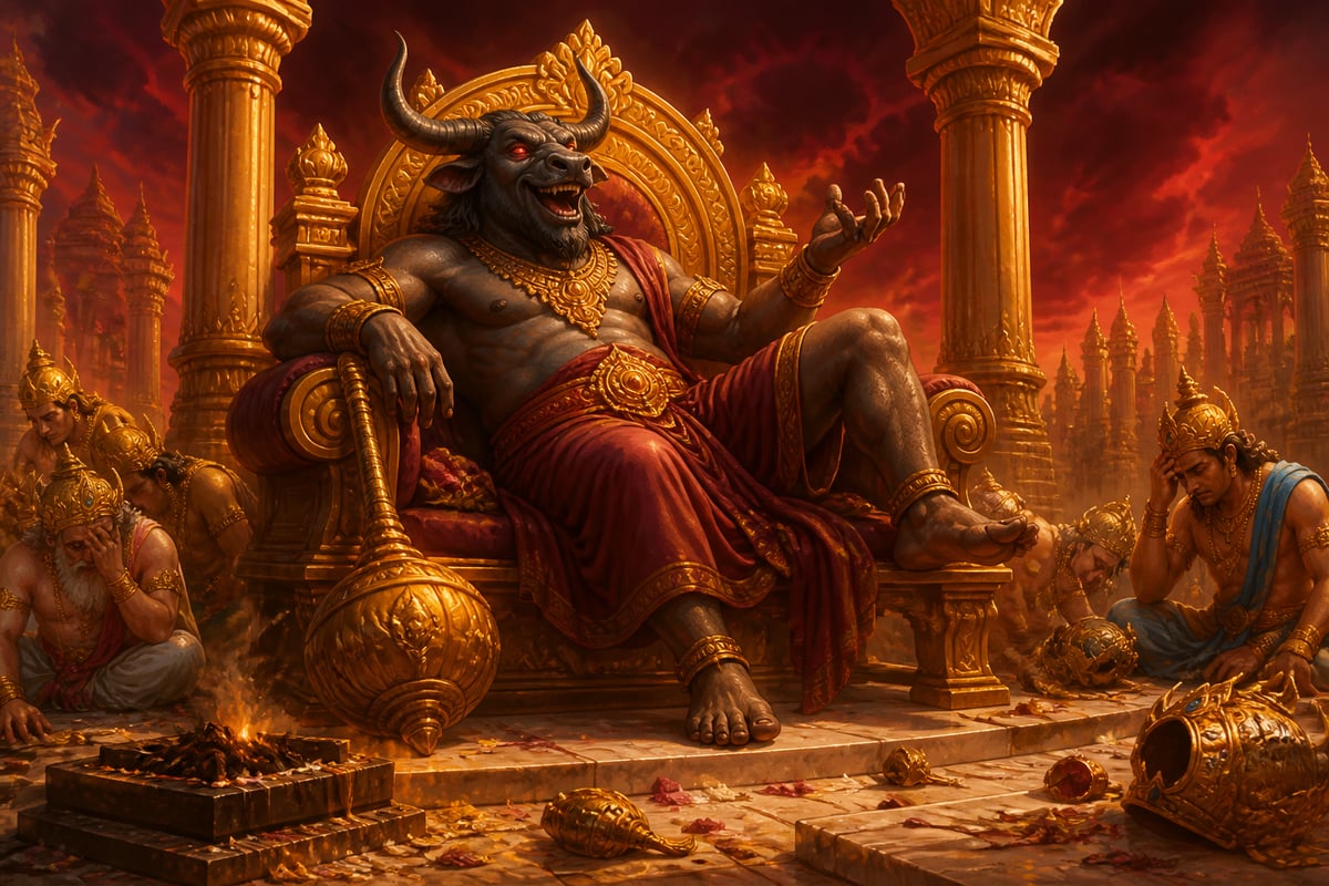 Mahishasura sprawled on Indra's golden throne