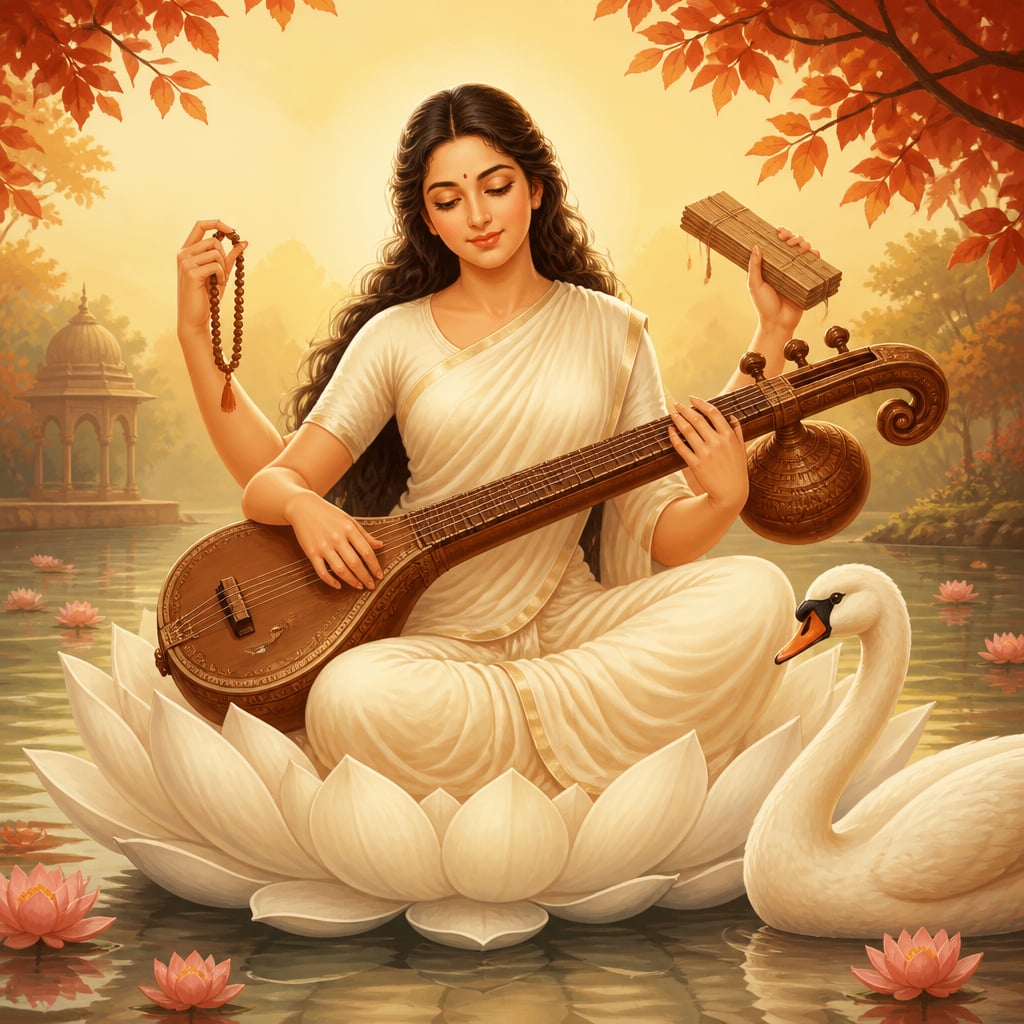 Goddess Saraswati on a white lotus with her veena and swan