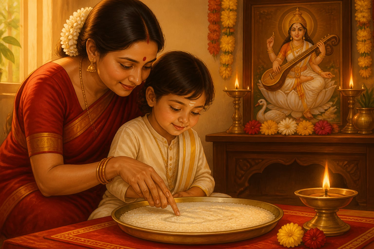 A child writing the first letter on Vidyarambham