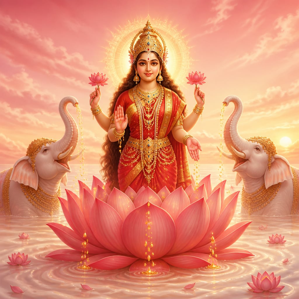 Goddess Lakshmi rising on a pink lotus from the milky ocean