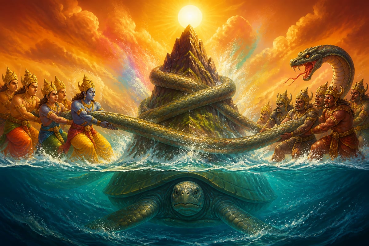 Gods and asuras churn the milky ocean with Vasuki