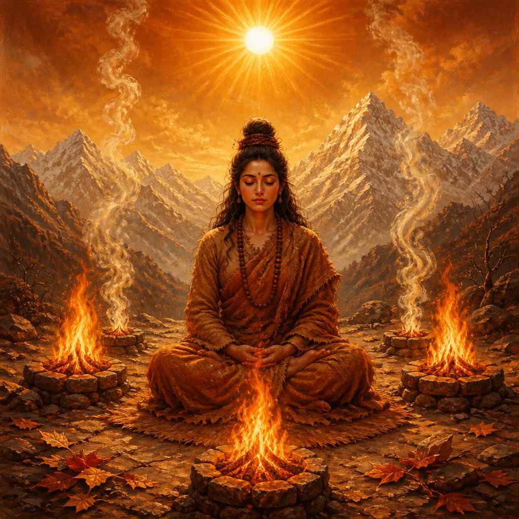 Parvati performing the panchagni tapas between four fires and the sun