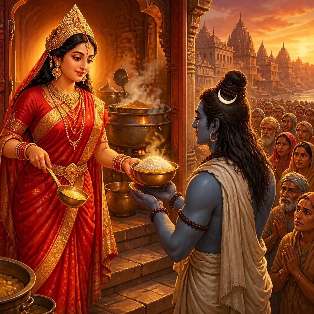 Annapurna ladling rice into Shiva's begging bowl at her Kashi kitchen