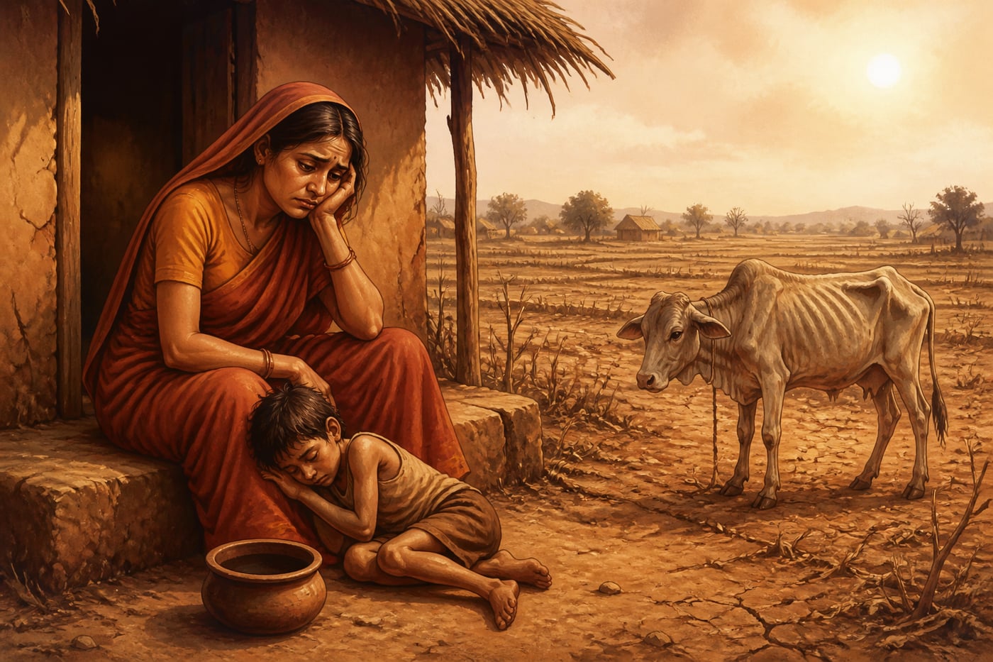 A village mother with an empty pot as the world starves