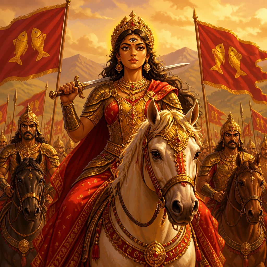 Queen Meenakshi on her war horse leading the Pandya army