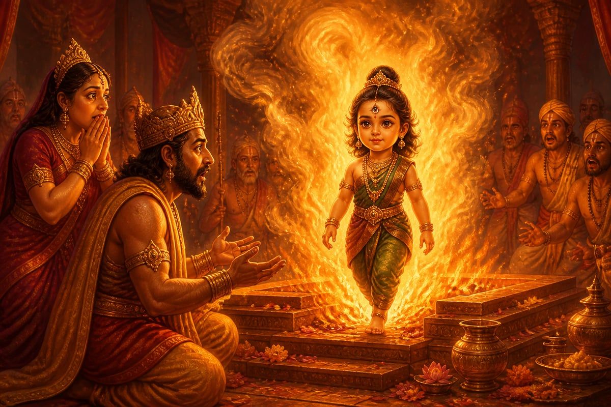 Three-year-old Meenakshi walks out of the yajna fire
