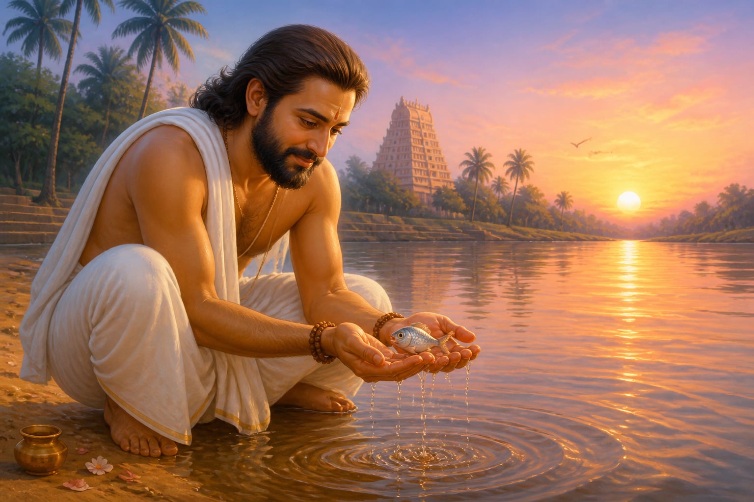 King Manu cupping a tiny silver fish at the Kritamala river at sunrise
