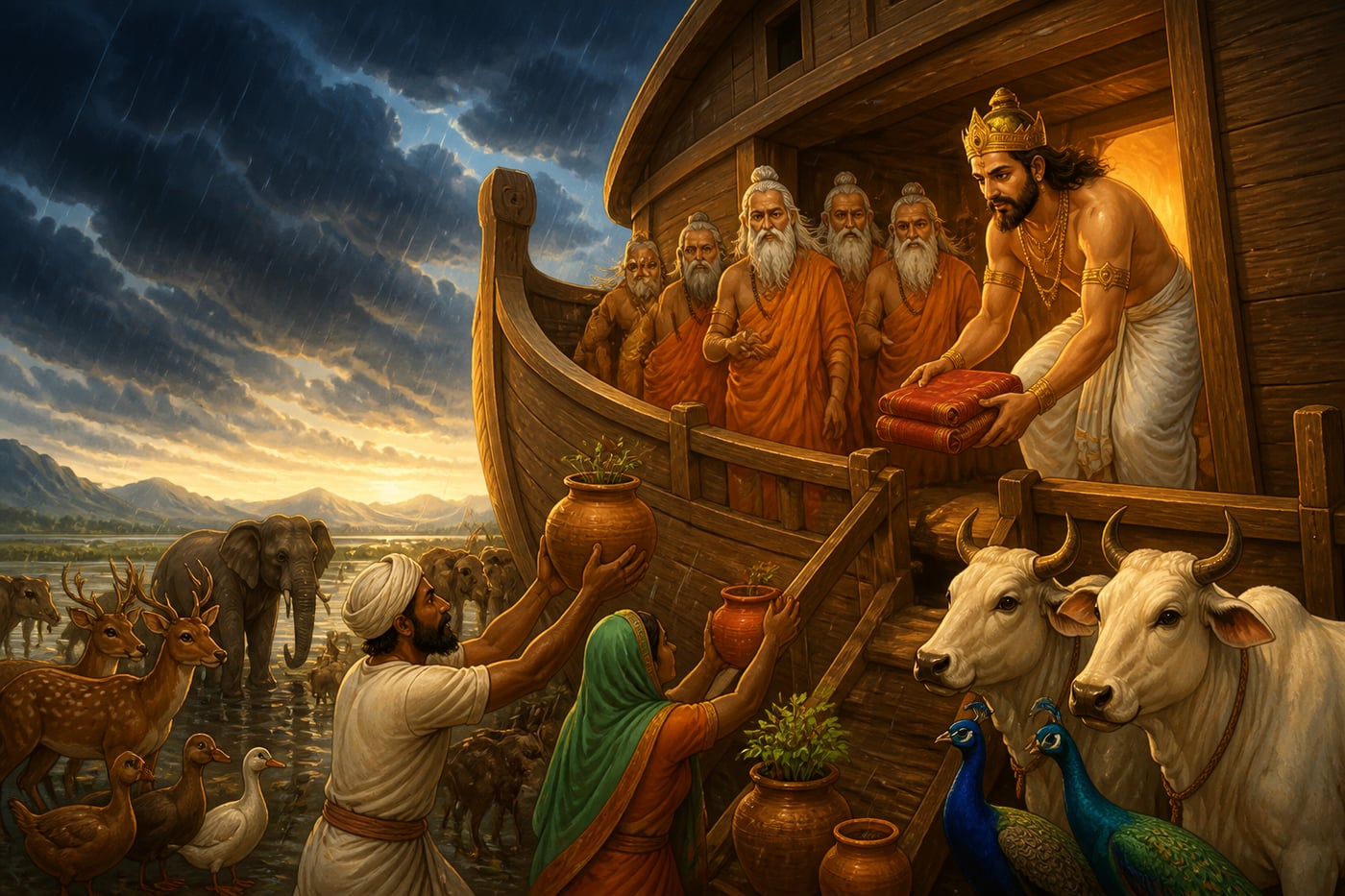 Manu loading the Vedas and sages and seeds onto the great ark