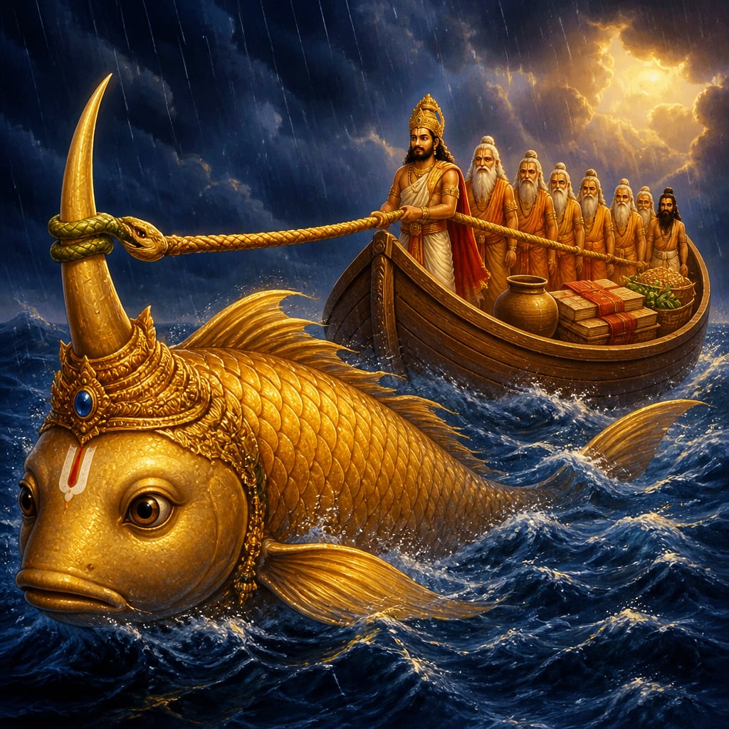 Matsya the great horned fish pulling the ark through the deluge storm