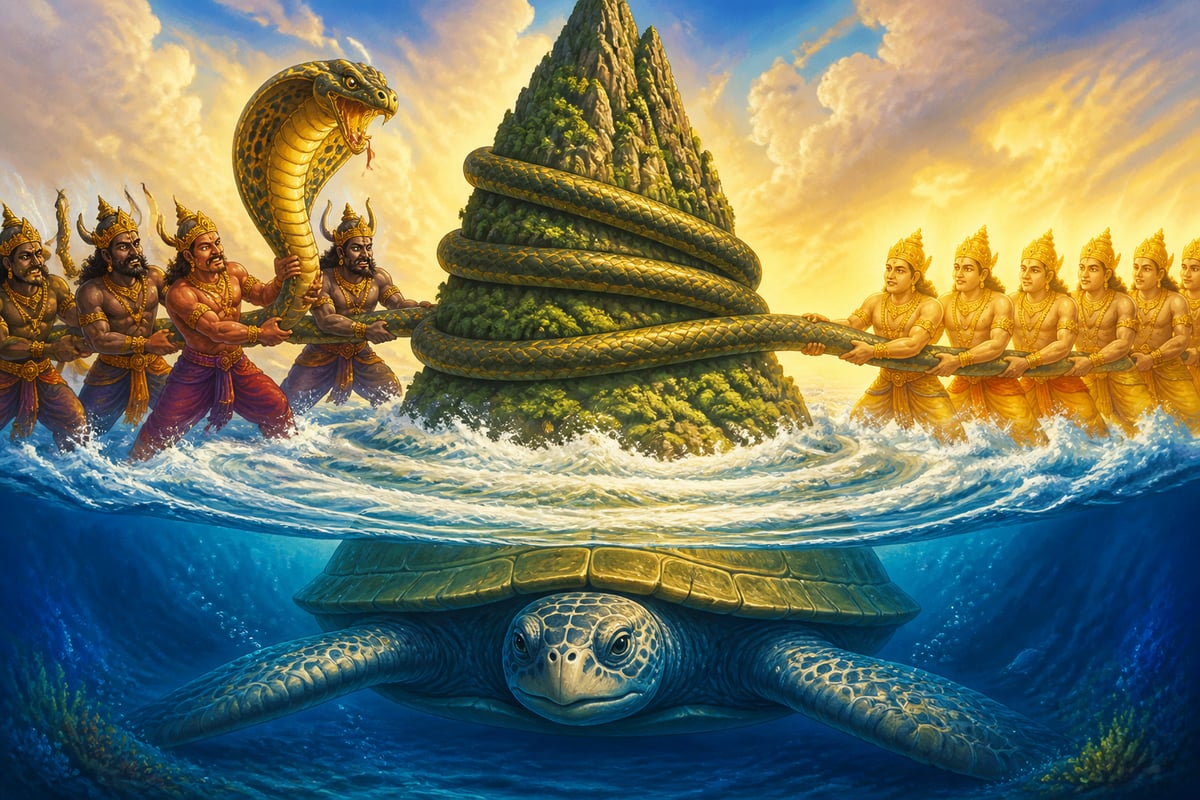 The cosmic churning of the ocean of milk with Mandara and Vasuki
