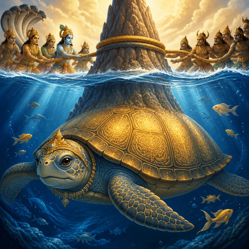Kurma the cosmic turtle supporting Mount Mandara during the churning of the milky ocean
