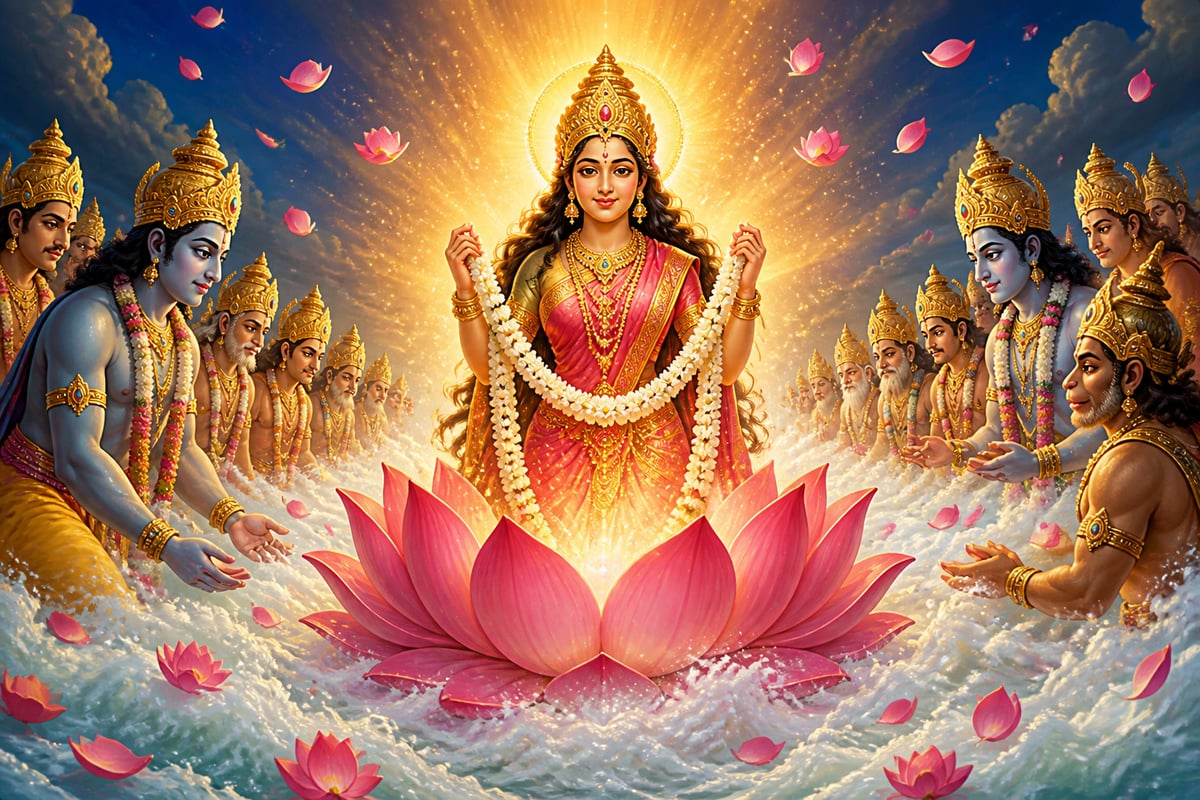Goddess Lakshmi rising from the churning ocean on a pink lotus