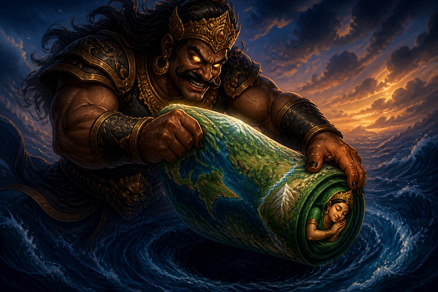 Hiranyaksha rolling up Goddess Bhumi Devi to hide her in the ocean depths
