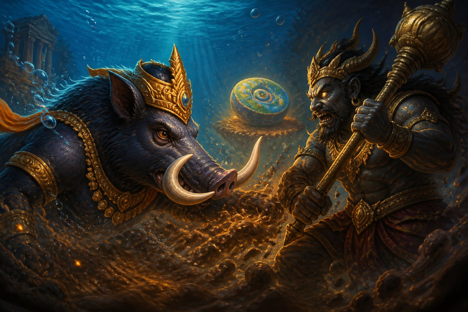 Varaha battling Hiranyaksha at the bottom of the cosmic ocean