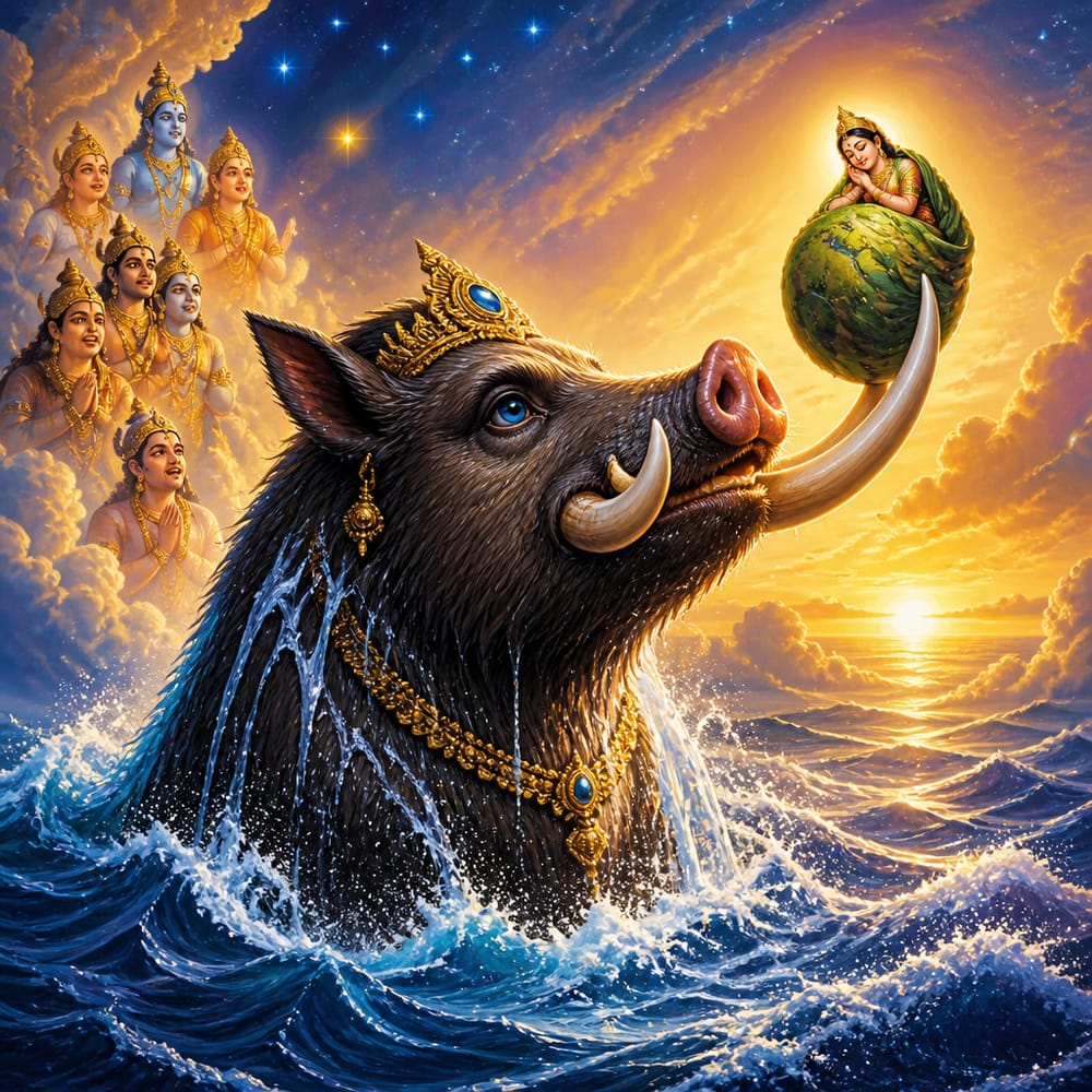 Varaha the boar avatar rising from the cosmic ocean carrying Bhumi Devi on his tusk