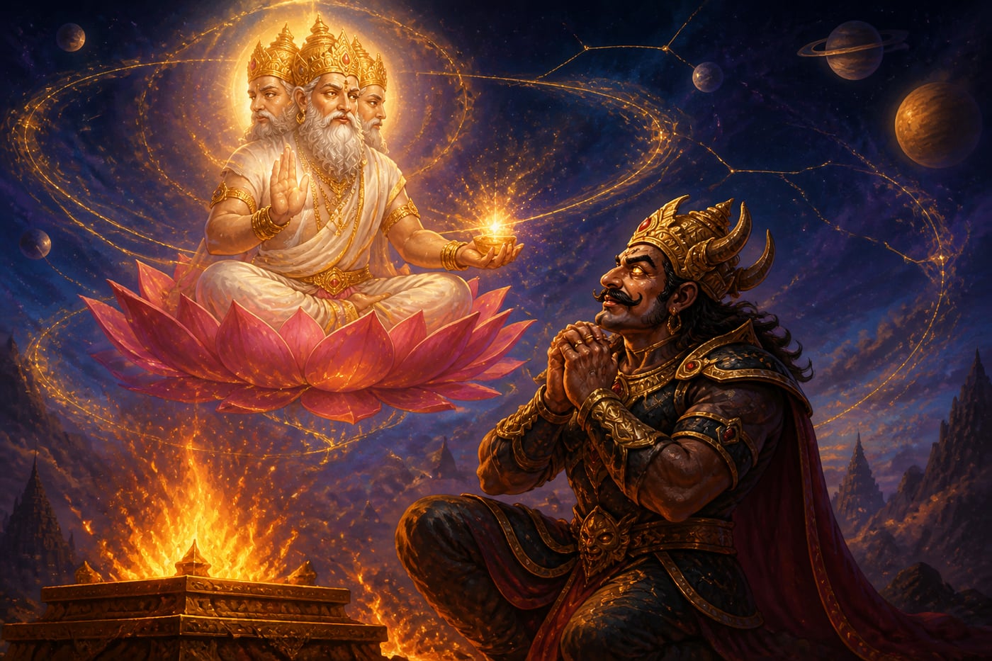 Brahma granting Hiranyakashipu the boon that becomes his trap
